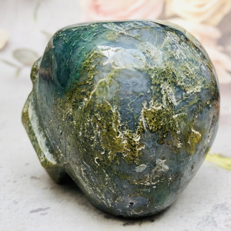0.423kg moss agate skull Home decoration products crystal