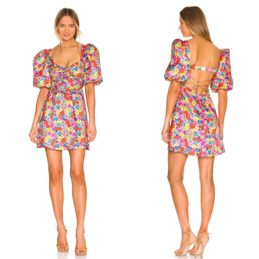 For Love & Lemons Merrill Floral Puff Sleeve Mini Dress in Red Size 1X