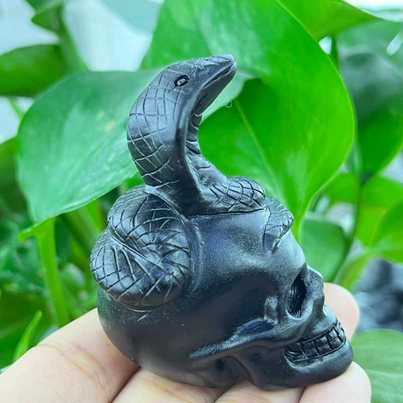 1pc Natural obsidian snake hand carved quartz crystal animal skull Reiki gift 2"