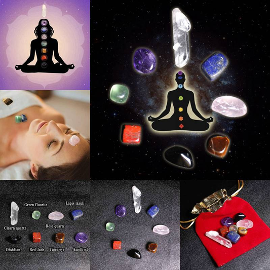 5Pcs 7 Chakra Healing Balance Crystal Raw Natural Quartz Tumbled Stones W/ Pouch