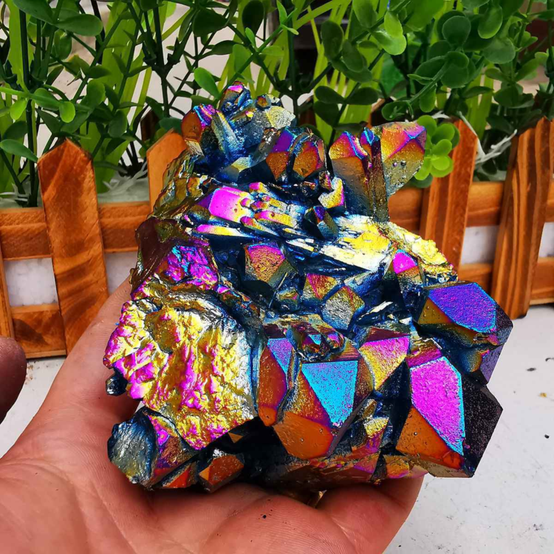 380gColor Flame Aura Electroplate Quartz Crystal Cluster Specimen Healing Stone