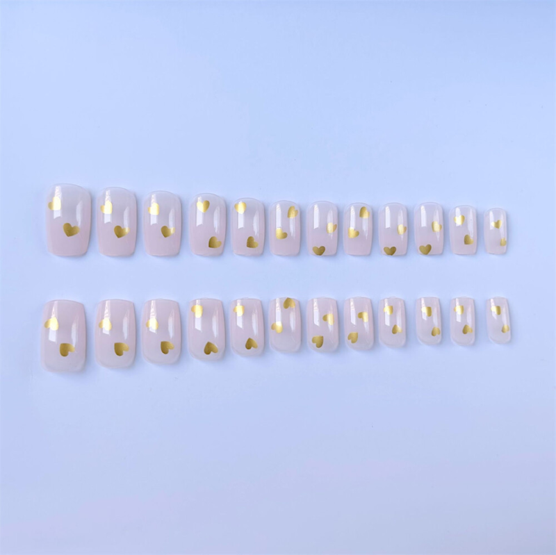 Gold Heart False Nail Nude Color Medium Square Press on Nails for Nail Art 24pcs