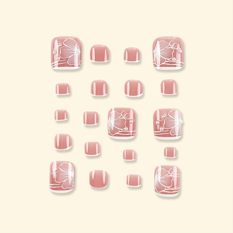 Fashionable Toe Press-On Fake Nail Elegant Pearl Flowers French Pedicure 24pcs