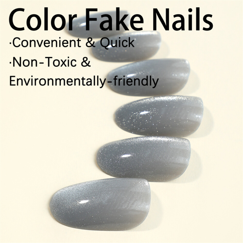 Ice Through Cat Eye Fake Nail Short Almond Press on Nails for Nail Art 24pcs