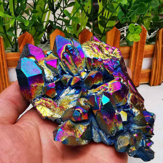 380gColor Flame Aura Electroplate Quartz Crystal Cluster Specimen Healing Stone