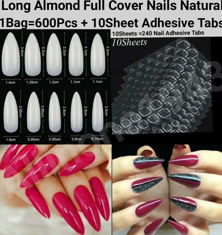 600Pc Long Almond Full Cover artificial Nails Tips Acrylic False Press on Nails