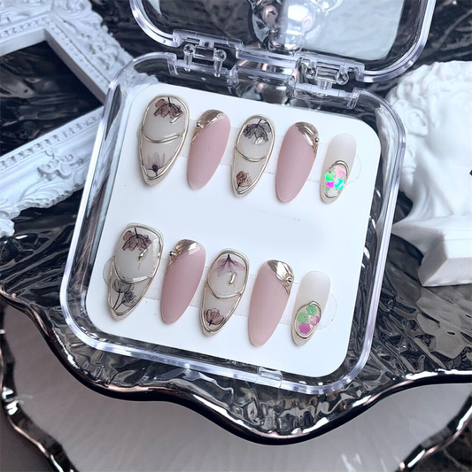 10PCS Handmade Fake Nail Dream Flowers Short Almond Press on Nails for Nail Art