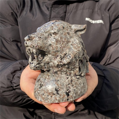 1.31kg Natural Carved Yooperlite Tiger Head Figurines Reiki Quartz Crystal Skull