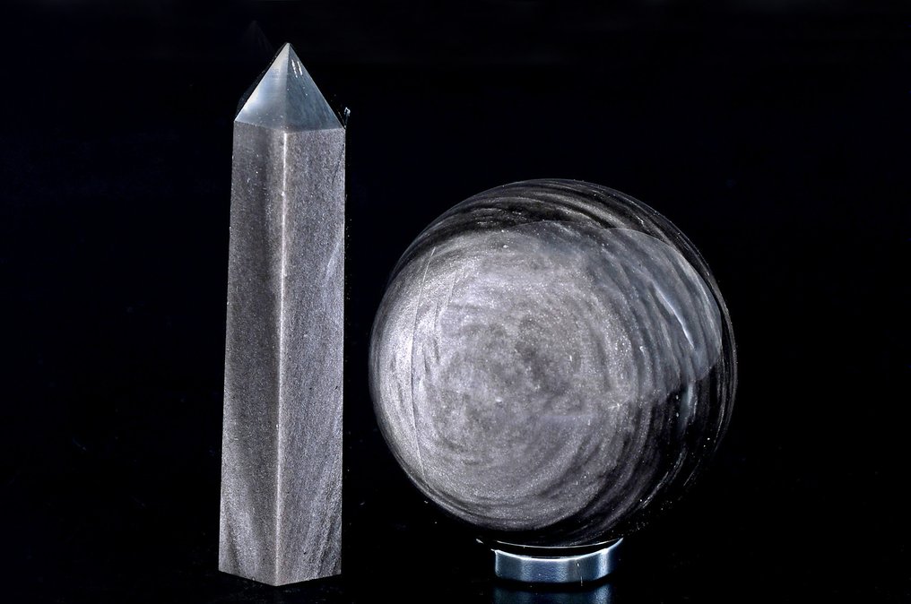 High quality silver Obsidian sphere and point - Height: 8.5 cm - Width: 2.2 cm- 291 g - (2)