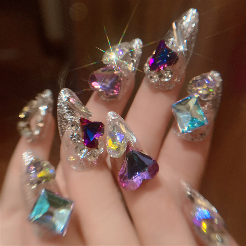 Colorful Diamond Shiny False Nail Long Almond Press on Nails for Nail Art 24pcs
