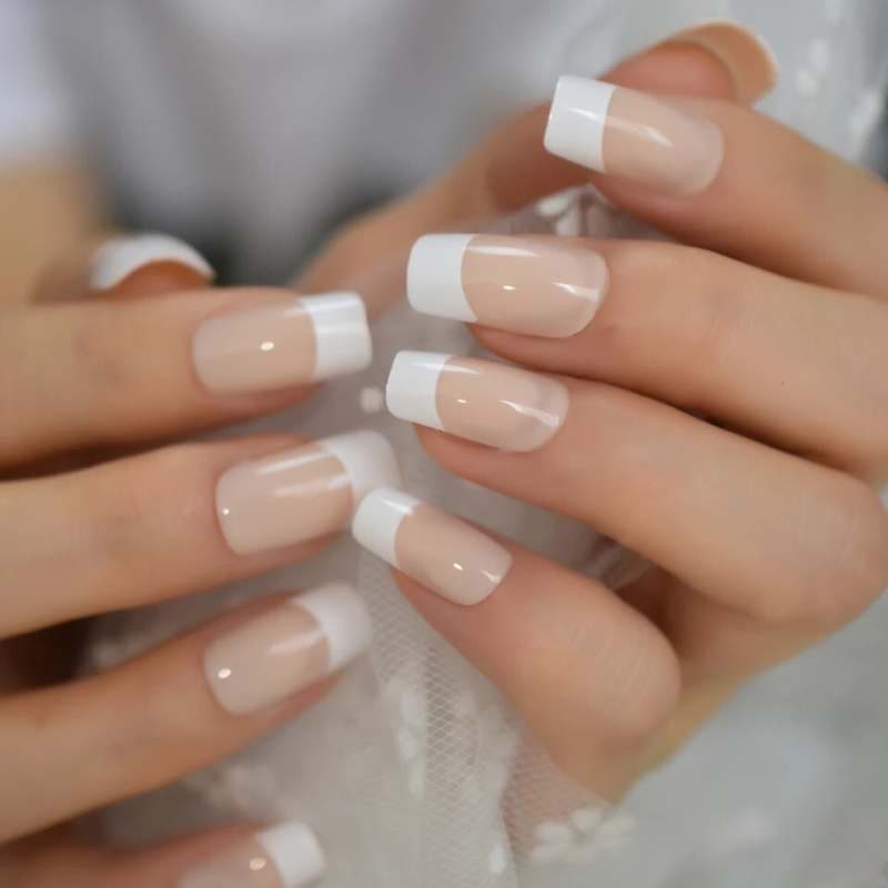 24 Medium Press on Nails kit glue on square baby boomer french white nude