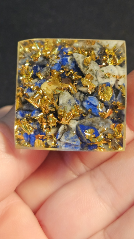 2 Orgonite Resin Pyramids Lapis Lazuli Black Onyx Gold Leaf Stone Chips Reiki