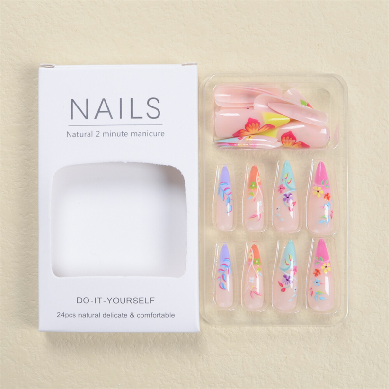 Colorful French Summer False Nail Short Almond Press on Nails for Nail Art 24pcs