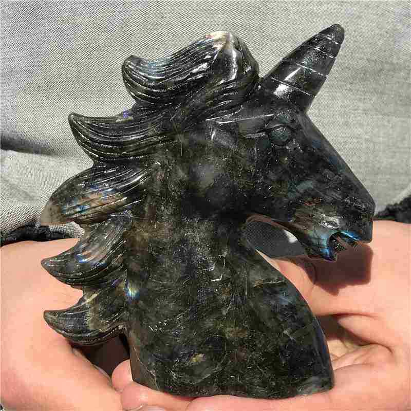 0.42kg Natural Labradorite unicorn carved Quartz Crystal skull Healing