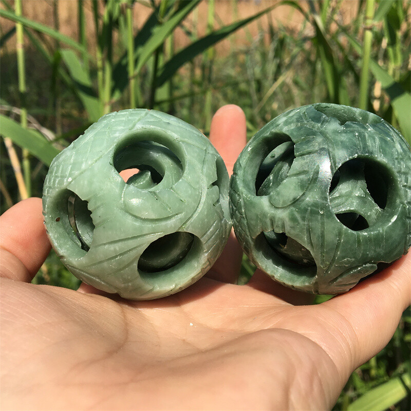 2" Natural green jade Exquisite Carved sphere Quartz Crystal reiki ball care