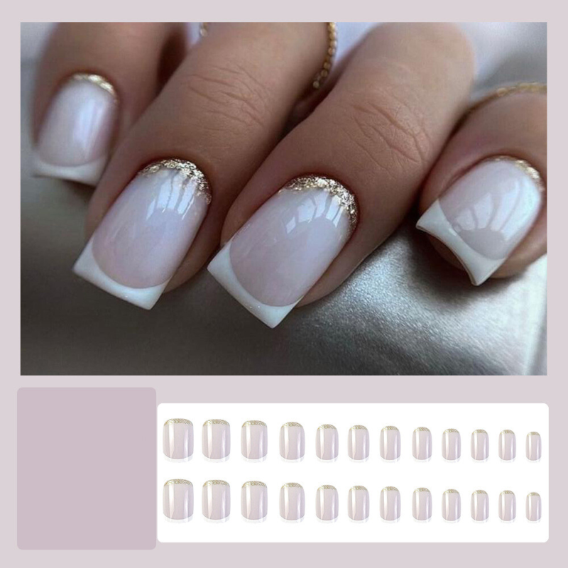 Nude Color Glitter False Nail Medium Square Press on Nails for Nail Art 24pcs
