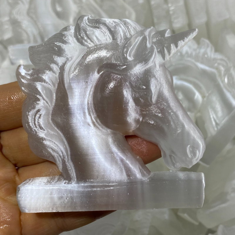 Natural Gypsum Selenite unicorn Hand Carved Quartz Crystal Reiki healing 1PC