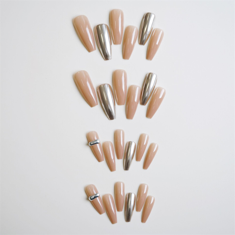 Mirror Nude Color Fake Nail Long Coffin Tips Press on Nails for Nail Art 24pcs