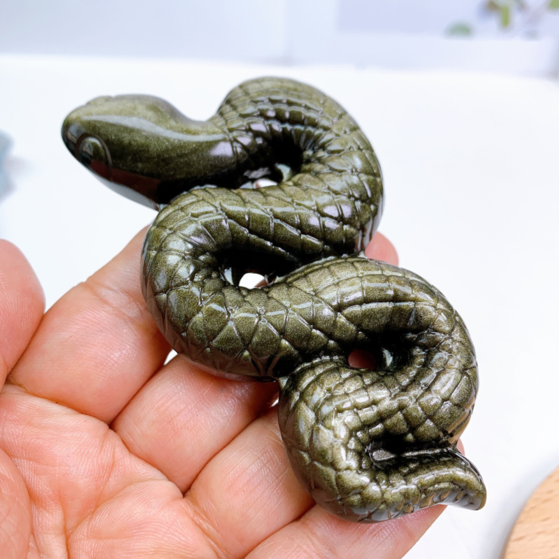 10.5cm Natural Quartz Golden Obsidian Snake Carving Animal Healing Crystal 1pc