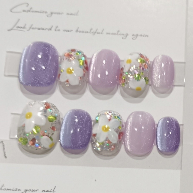 Handmade Painting Spring Colorful Flowers Short Almond Press on Nail Nail Art