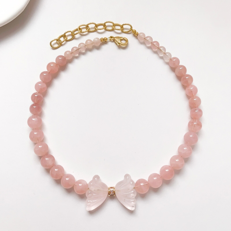 Natural Healing 10mm Rose Quartz Butterfly Pink Stone Love Choker Necklace