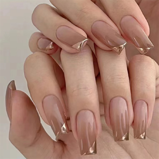 French Gold Nude Color Fake Nail Medium Coffin Press on Nails for Nail Art 24pcs