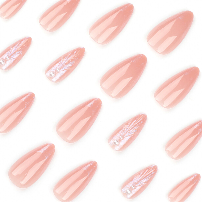 Almond Short Press-On False Nail 3D Soild Shell Aurora Nude Color Manicure 24pcs