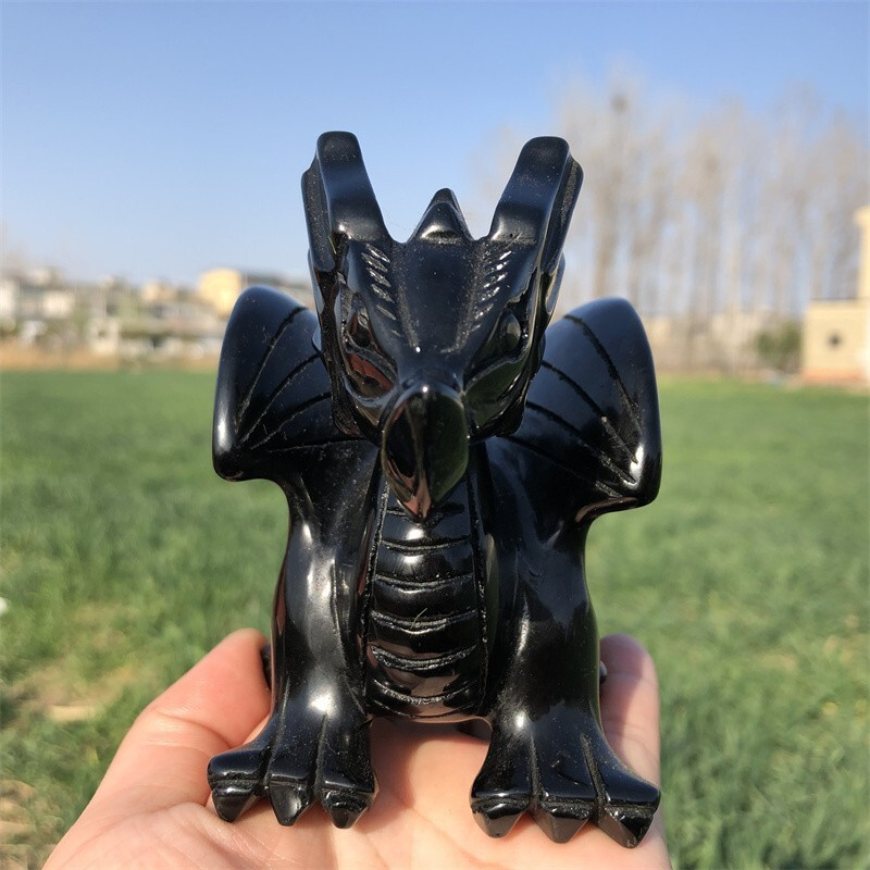 0.63kg Natural obsidian Quartz hand Carved Flying dragon crystal Reiki healing