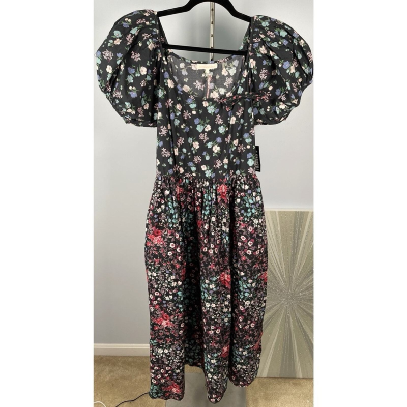 NWT LoveShackFancy Lais Floral Mixed Pattern Puff Sleeve Maxi Dress & Bow Size 4