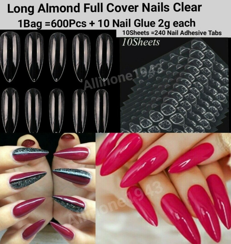 600Pc Long Almond Full Cover artificial Nails Tips Acrylic False Press on Nails