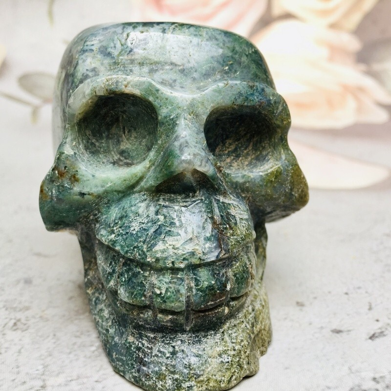0.423kg moss agate skull Home decoration products crystal