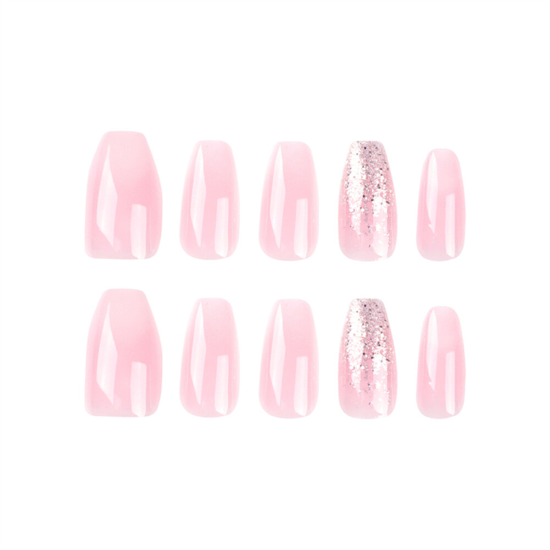 Pink Color Glitter False Nail Short Coffin Press on Nails for Nail Art 24pcs