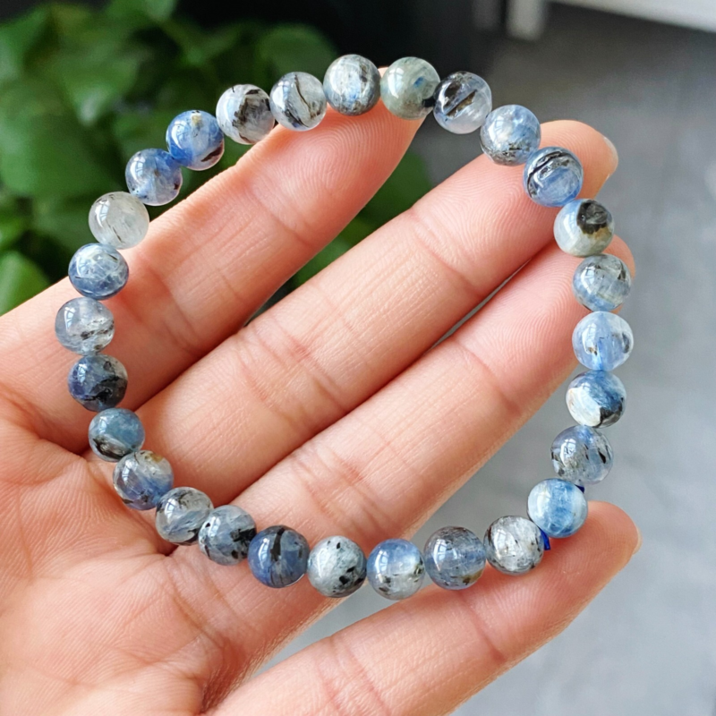6mm 2pcs Natural Blue Kyanite Cat Eye Crystal Stretch Beads Bracelet AAA