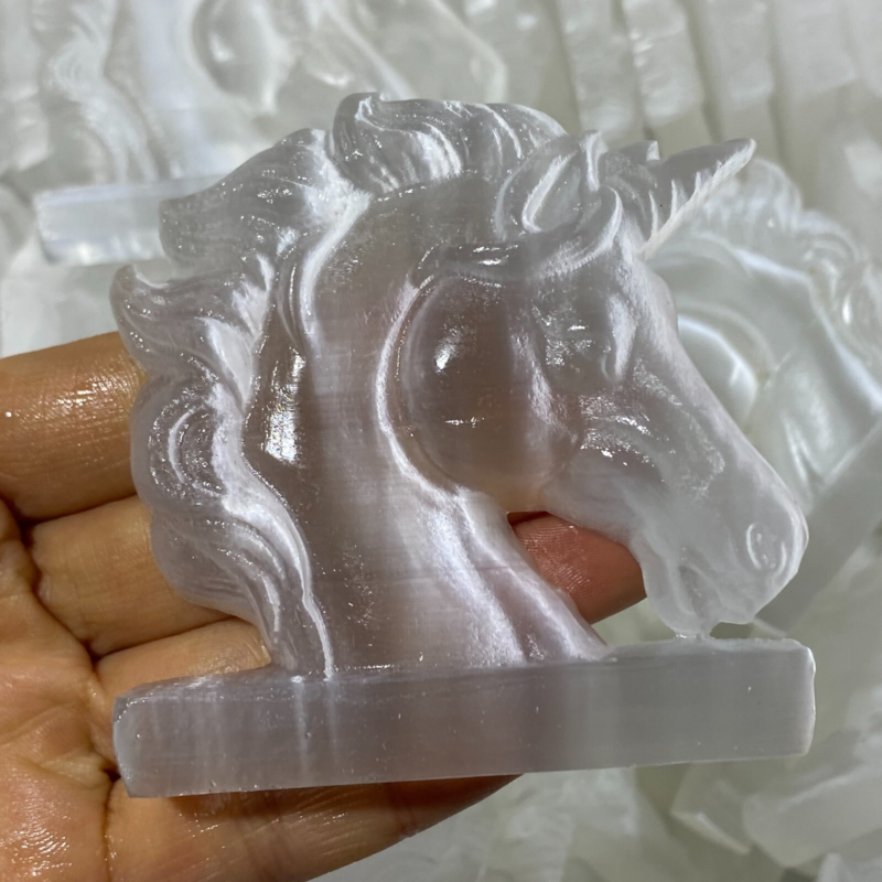 Natural Gypsum Selenite unicorn Hand Carved Quartz Crystal Reiki healing 1PC