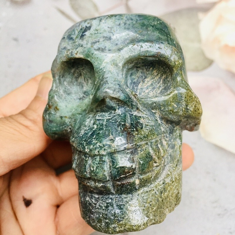 0.423kg moss agate skull Home decoration products crystal