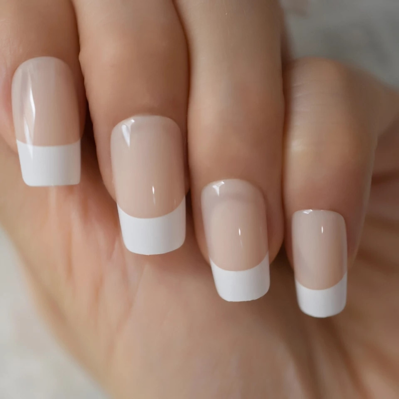 24 Medium Press on Nails kit glue on square baby boomer french white nude