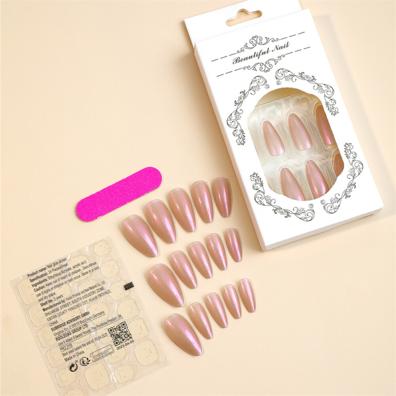 Pure Color Mirror False Nail Short Almond Press on Nails for Nail Art 24pcs