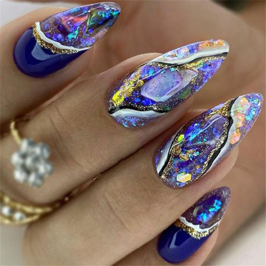 Shiny Amber Blooming False Nail Short Almond Press on Nails for Nail Art 24pcs