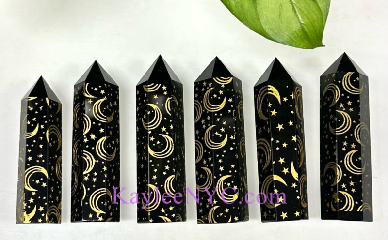 Wholesale Lot 1 Lb Natural Black Obsidian Etched Moon & Star Obelisk Tower Point
