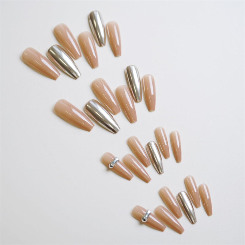 Mirror Nude Color Fake Nail Long Coffin Tips Press on Nails for Nail Art 24pcs
