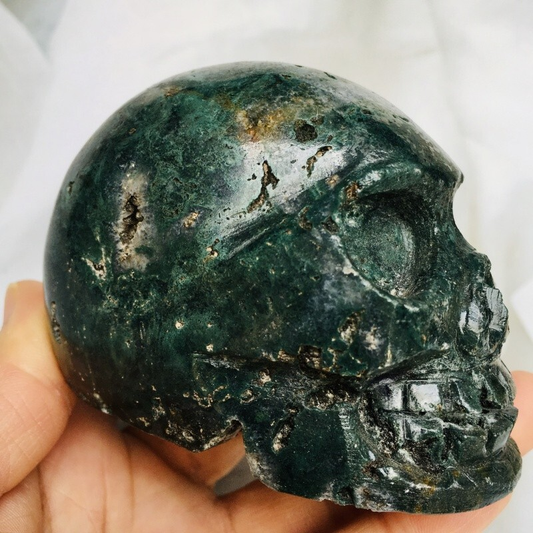 0.474kg moss agate skull home decoration product crystal