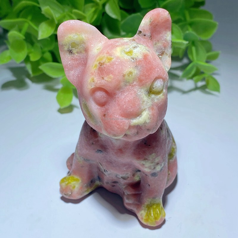 Natural Quartz Crystal Carved Rough Stone French Bulldog Healing Animal Decor