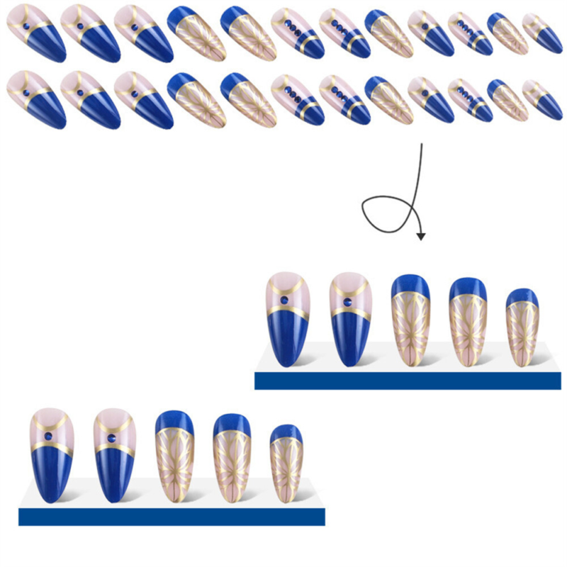 Glossy Blue Retro False Nail Short Almond Press on Nails for Nail Art 24pcs