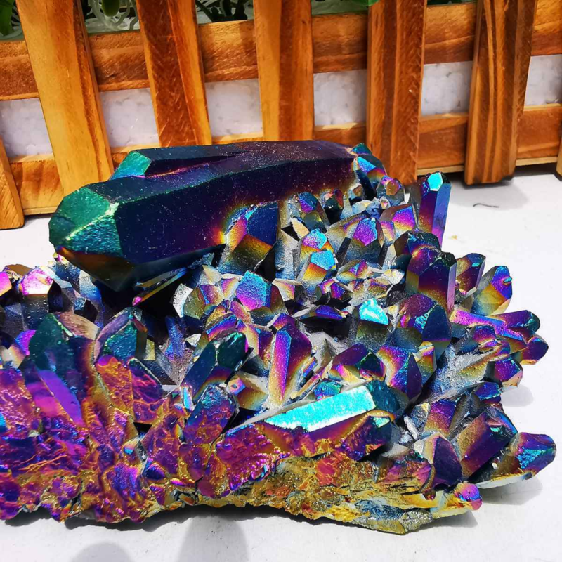 596gColor Flame Aura Electroplate Quartz Crystal Cluster Specimen Healing Stone