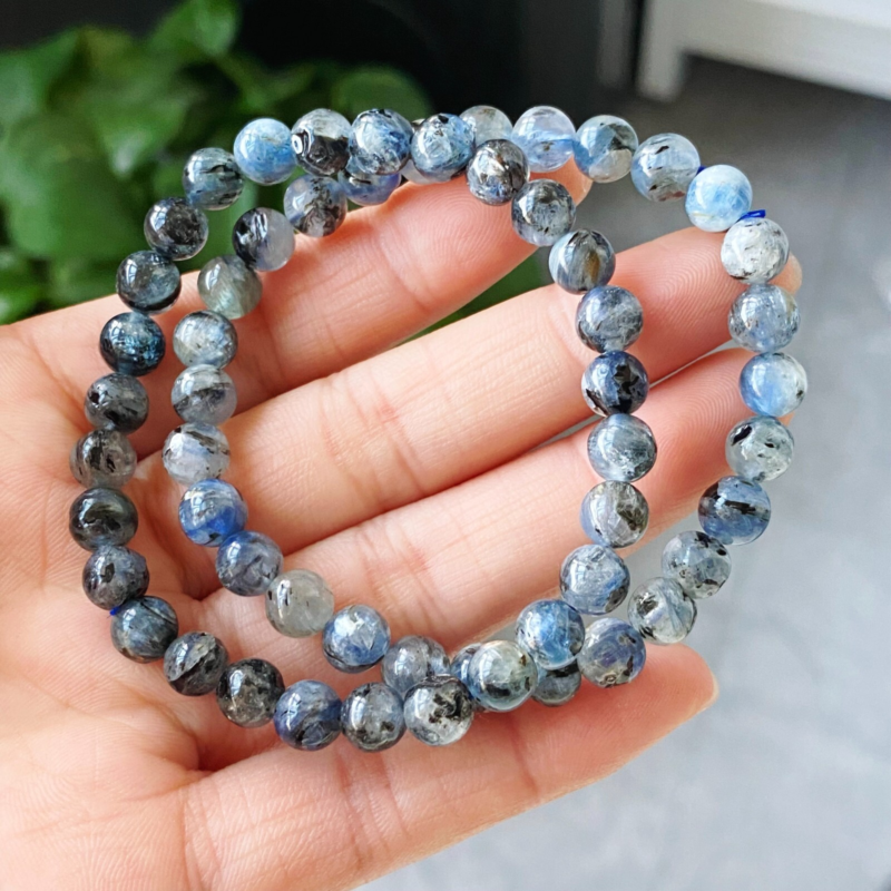 6mm 2pcs Natural Blue Kyanite Cat Eye Crystal Stretch Beads Bracelet AAA