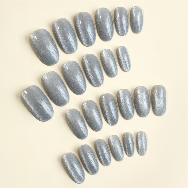 Ice Through Cat Eye Fake Nail Short Almond Press on Nails for Nail Art 24pcs