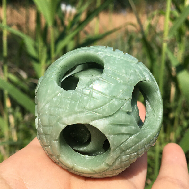 2" Natural green jade Exquisite Carved sphere Quartz Crystal reiki ball care