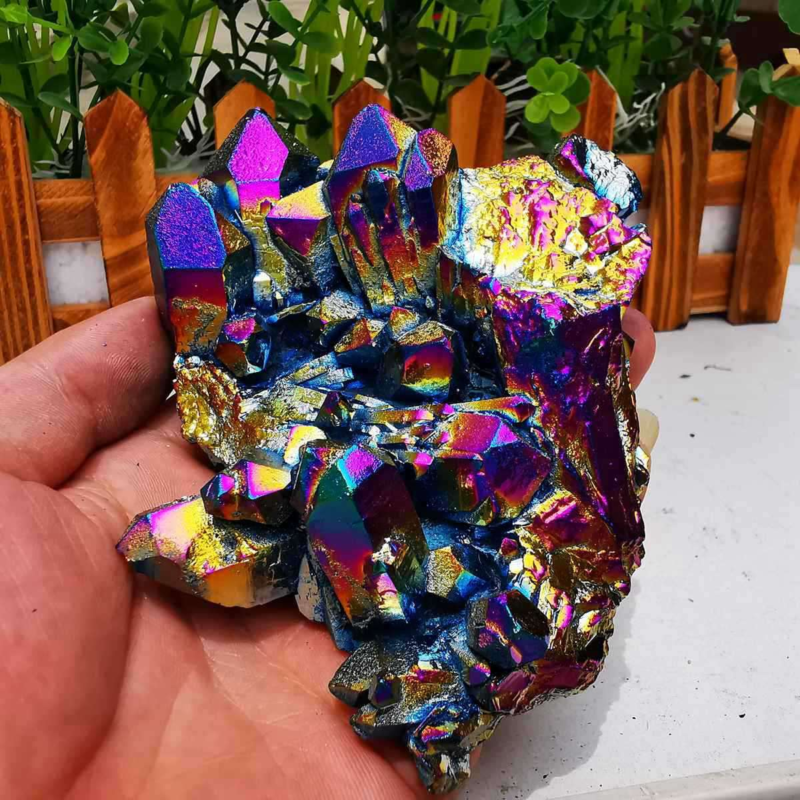 380gColor Flame Aura Electroplate Quartz Crystal Cluster Specimen Healing Stone