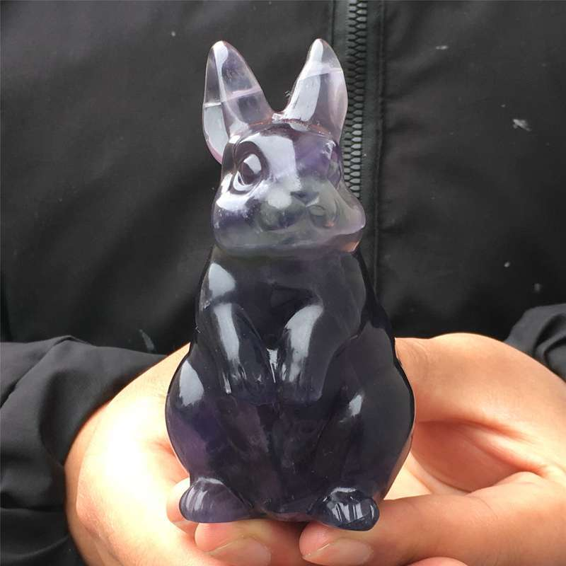 0.34kg Natural fluorite rabbit carved Quartz Crystal skull Healing