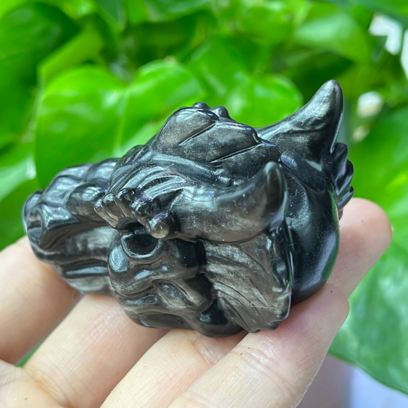 1pc Natural Silver obsidian Dragon hand Carved quartz crystal animal skull 2"+